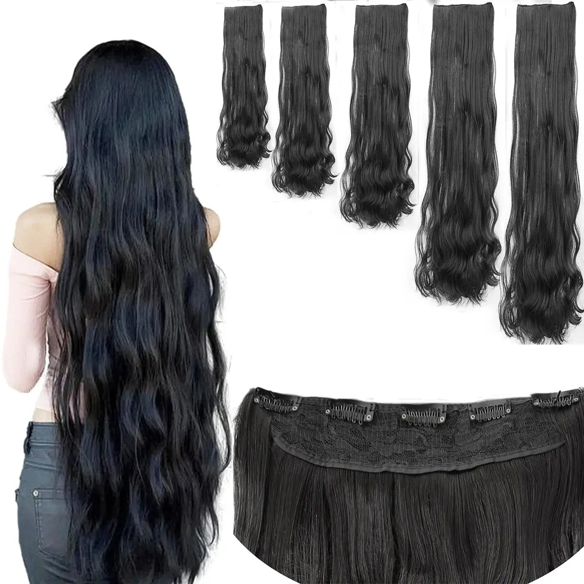 14-40 Inch Long Curly Hair Synthetic Wig Extension Clip Hair Big Wave 5 Clips Invisible Seamless Heat-Resistant Women's Temu