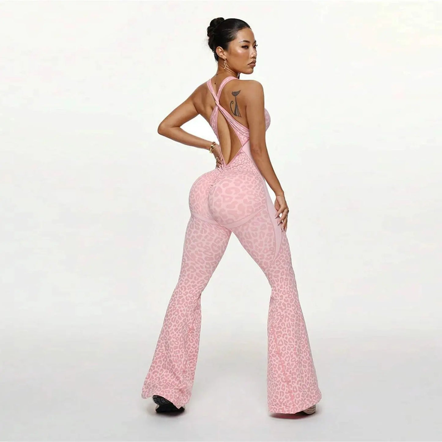 Women Leopard Sports Jumpsuits Flared Bodycon Tracksuits Crossover Bandage Yoga Workout Fitness Gym Training Athletic Tights Chic Le'Meek
