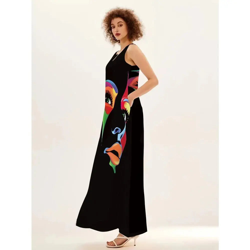 Mask printing Dress Sexy Sleeveless Dress V-Neck Casual Clothing Women Chic Le'Meek