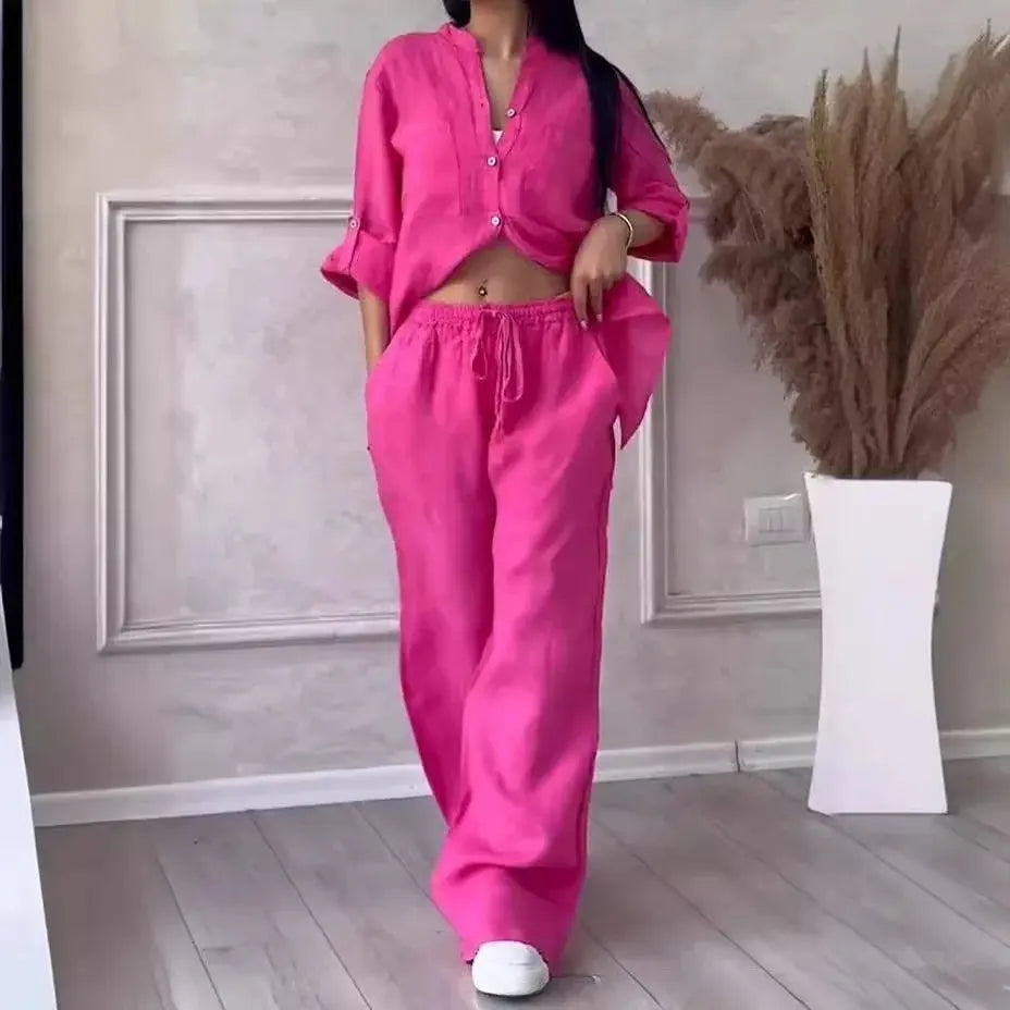 Women Plus Size Two Pieces Set Drawstring Straight Elastic Waist and Long Sleeve Button Shirt Top Matching Set Linen Cotton Set Chic Le'Meek