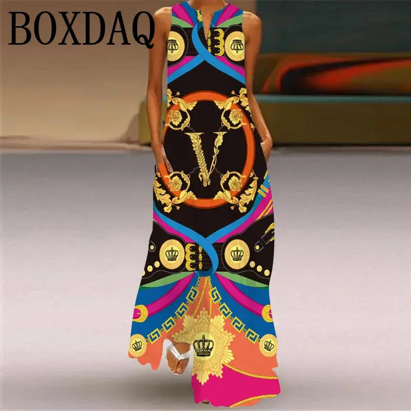 Elegant Women's Maxi Dress Summer Retro Women Face Print Evening Party Long Dress V-neck Sexy Sleeveless Dresses Y2k Vestidos Chic Le'Meek
