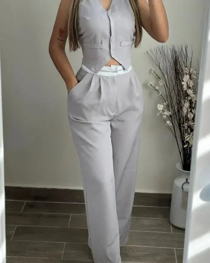 New Fashion 2024 Summer Casual Sexy Elegant V-Neck Buttoned Vest Top & Pocket Design Pants Set Womens Two Piece Sets Outfit Chic Le'Meek