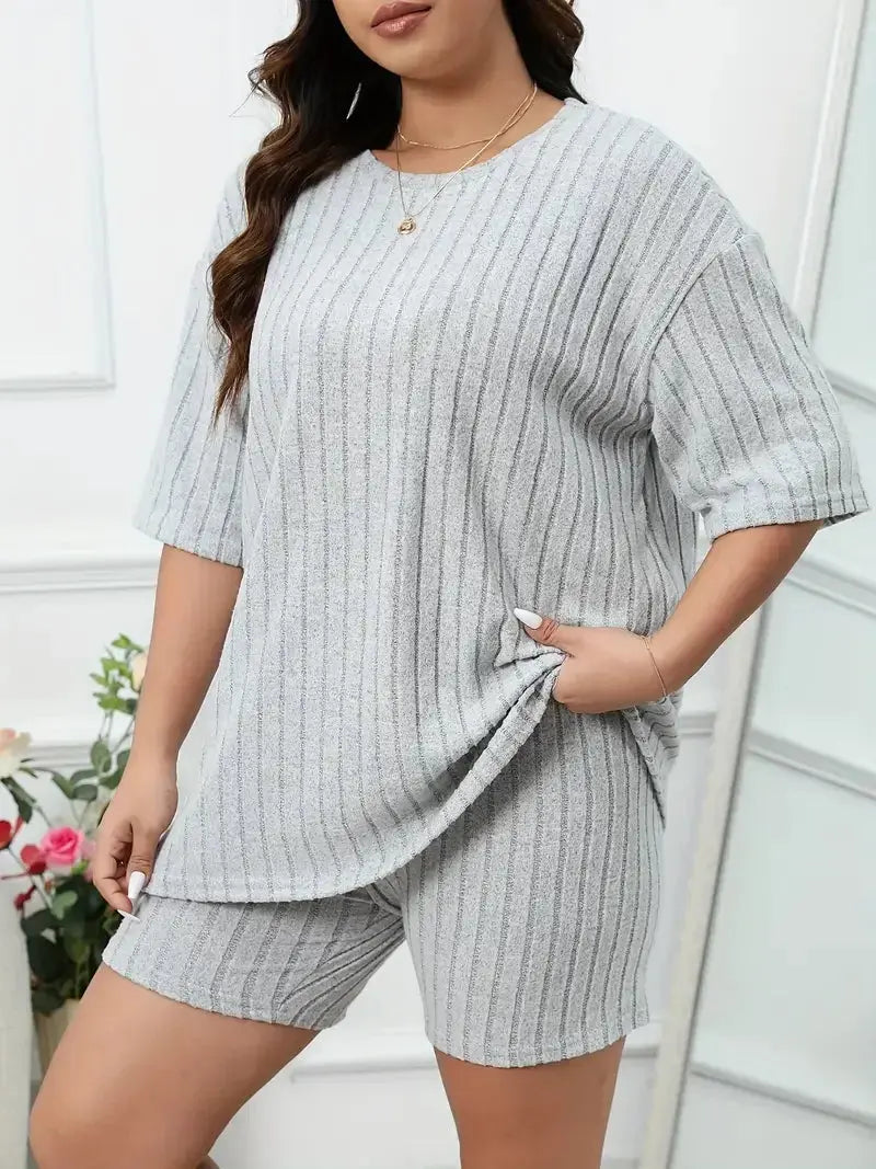 Plus Size Women's Lounge Set Top and Shorts Sets Ladies Solid Ribbed Short Sleeve Round Neck Top & Shorts Pajamas 2 Piece Set Chic Le'Meek