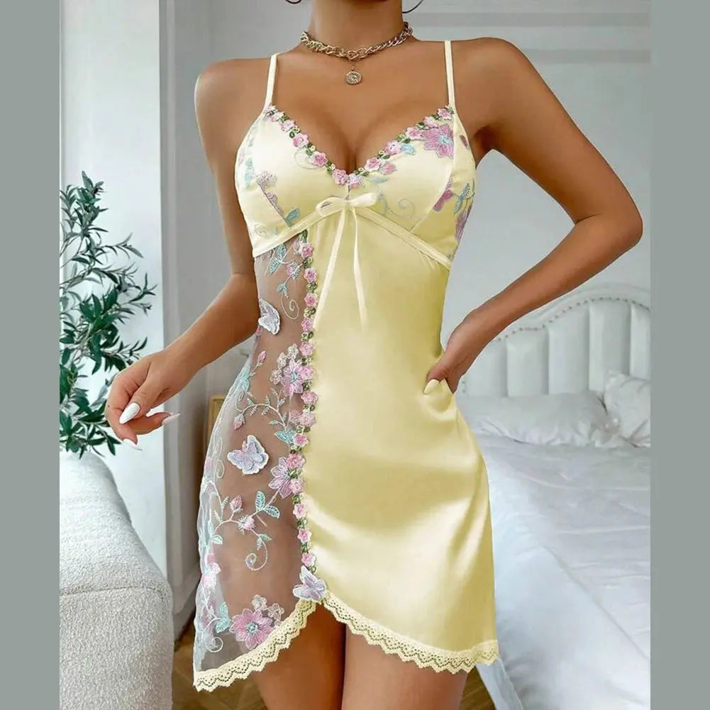 Woman Floral Lace Pajama Side See Through Spliced Flowers Pajama Night Dress Open Back Satin Nightgown Chic Le'Meek