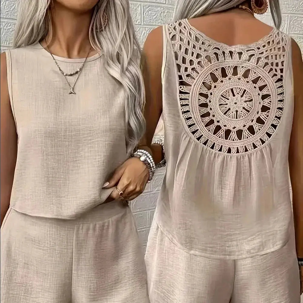 Women’s Plus Size Linen Sets Hollow Out Back Round Neck Sleeveless Vest And Shorts 2-Piece Set Summer Female Daily Vacation Sets Chic Le'Meek