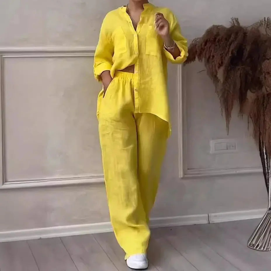 Women Plus Size Two Pieces Set Drawstring Straight Elastic Waist and Long Sleeve Button Shirt Top Matching Set Linen Cotton Set Chic Le'Meek