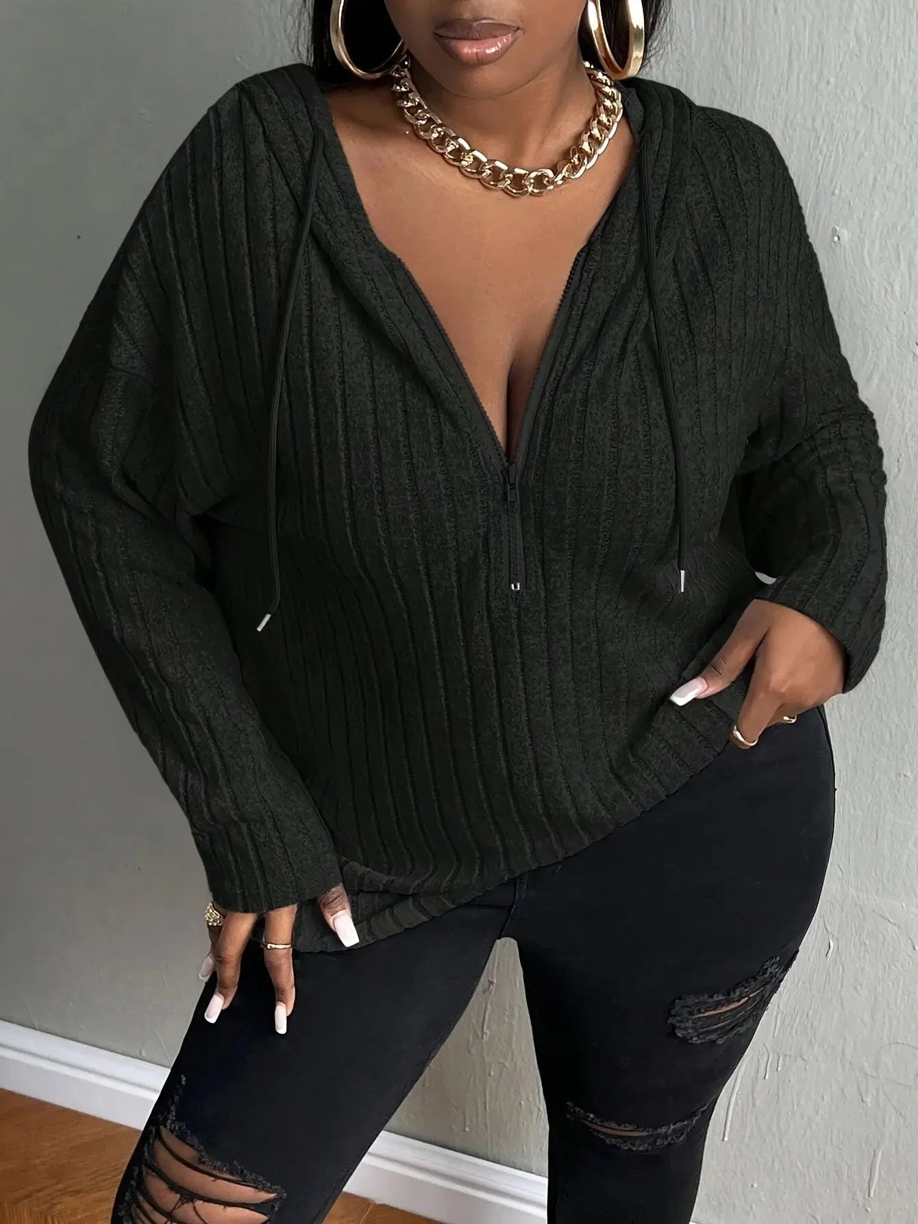 Plus size European and American cross-border autumn and winter new casual solid color half zipper hooded sweatshirt Chic Le'Meek