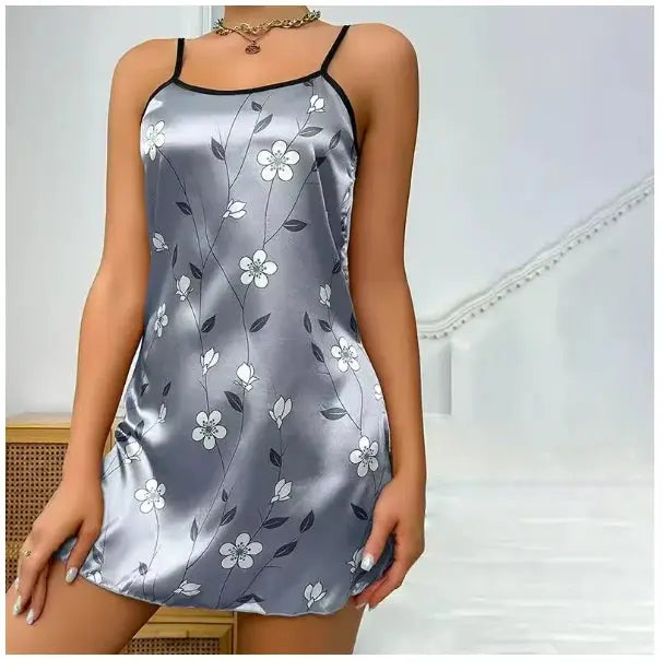 Women Nightwear Home Clothes Sexy Black Floral Printing Nightdress Sleepwear Nightshirts Silk Sleepshirts Nightgowns For Woman Chic Le'Meek