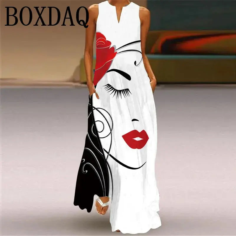 Elegant Women's Maxi Dress Summer Retro Women Face Print Evening Party Long Dress V-neck Sexy Sleeveless Dresses Y2k Vestidos Chic Le'Meek