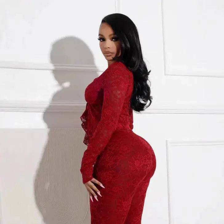 Pant Sets Women Two Pieces Cardigan Lace Sexy Tops Tracksuit Full Wide Leg Pants Loose Fit Casual Spliced High Waist Solid Chic Le'Meek