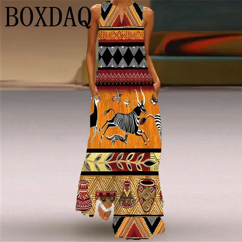 Elegant Women's Maxi Dress Summer Retro Women Face Print Evening Party Long Dress V-neck Sexy Sleeveless Dresses Y2k Vestidos Chic Le'Meek