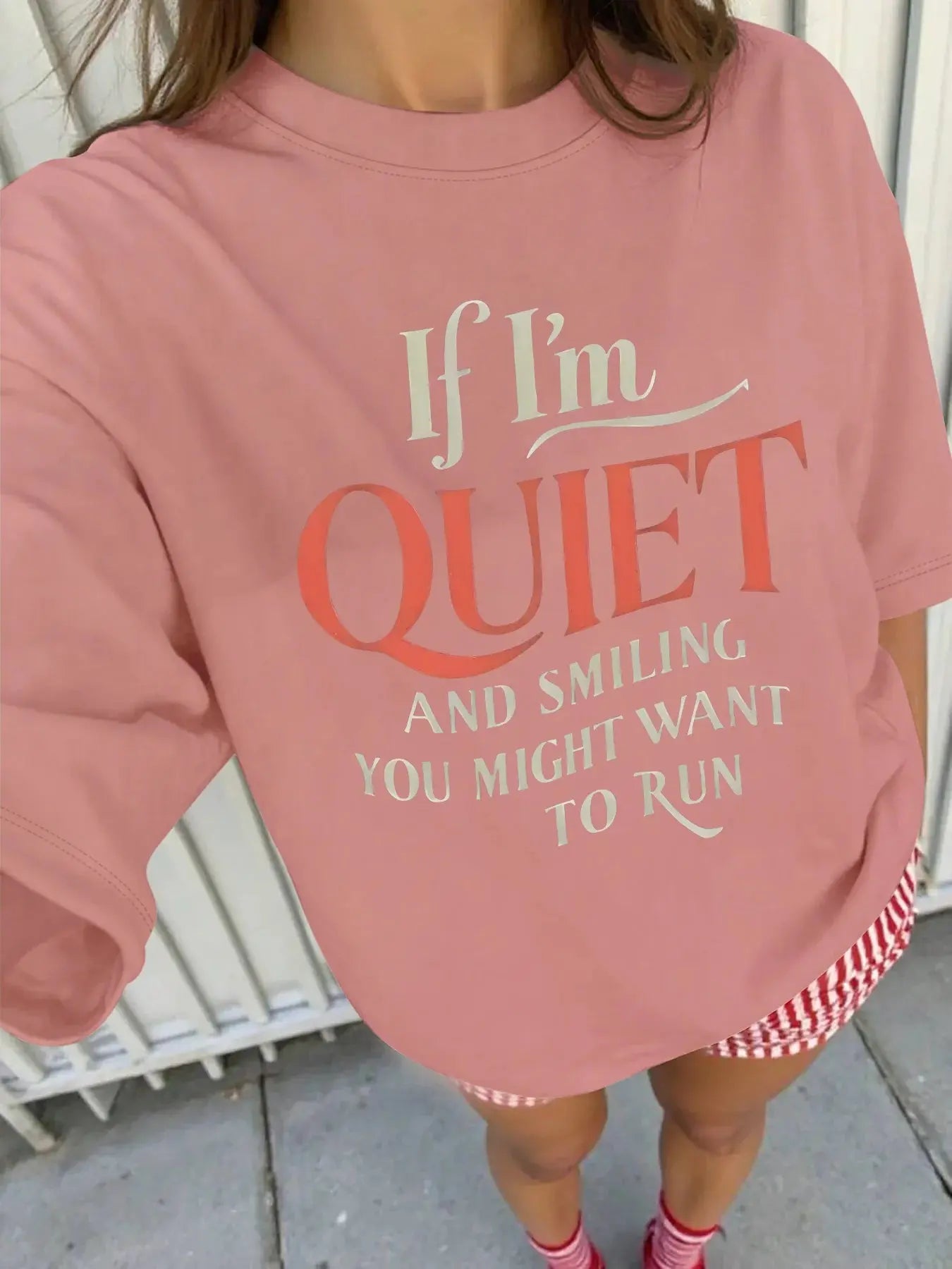 Women's Plus Size Casual T-Shirt with "If I'm Quiet & Smile You Might Want to Run" Slogan Vibrant Green Round Neck Graphic Tees Chic Le'Meek