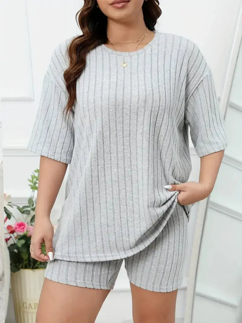 Plus Size Women's Lounge Set Top and Shorts Sets Ladies Solid Ribbed Short Sleeve Round Neck Top & Shorts Pajamas 2 Piece Set Chic Le'Meek