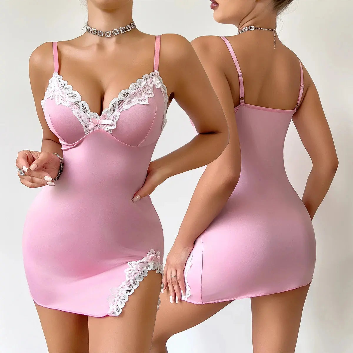 Summer hot Women Nightdress Seductive Pink Deep V Sleeveless Fashion Lace Sleep Pajamas Dress Ladies Lingerie Nightgown Homewear Chic Le'Meek