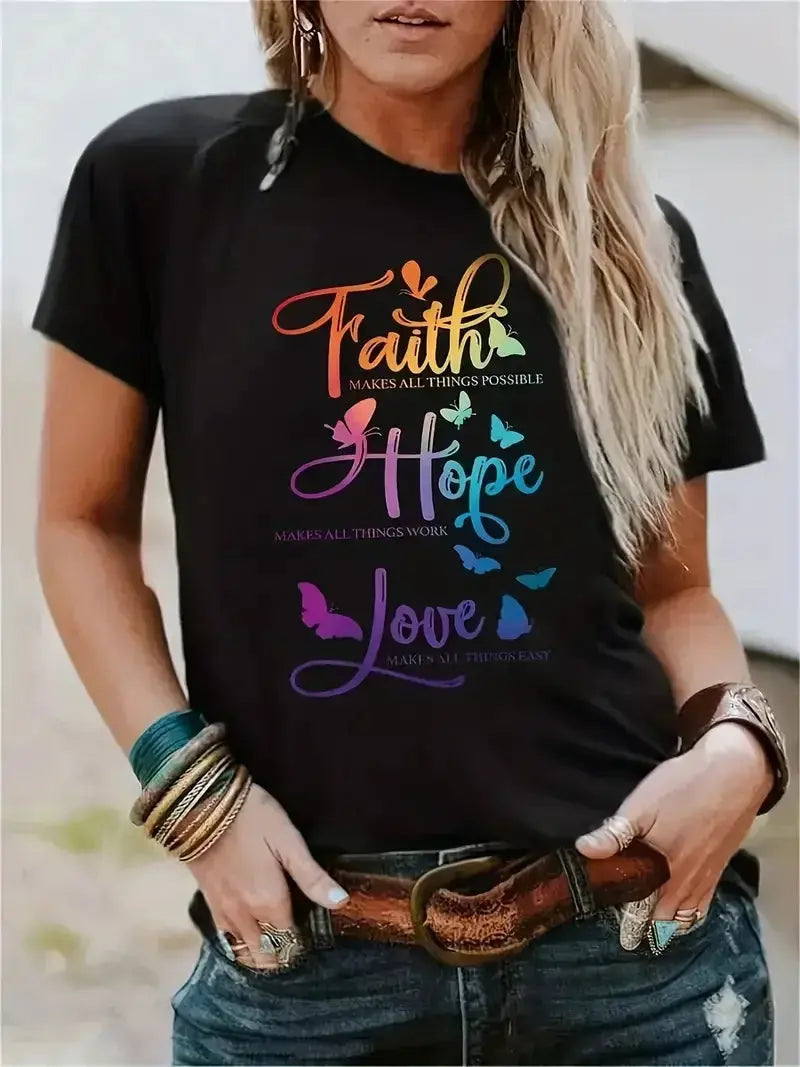 Plus Size Casual T-shirt Women's Plus Butterfly & Slogan Print Short Sleeve Round Neck Slight Stretch T-shirt Chic Le'Meek