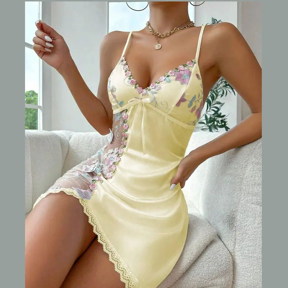 Woman Floral Lace Pajama Side See Through Spliced Flowers Pajama Night Dress Open Back Satin Nightgown Chic Le'Meek