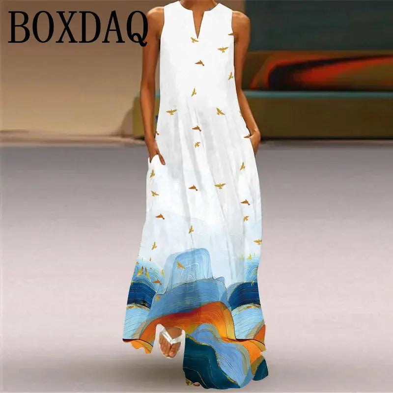 Elegant Women's Maxi Dress Summer Retro Women Face Print Evening Party Long Dress V-neck Sexy Sleeveless Dresses Y2k Vestidos Chic Le'Meek