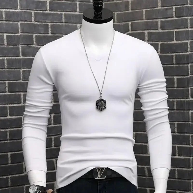 Men Casual Long Sleeve Pull on V neck Bottoming Shirt Tees Chic Le'Meek