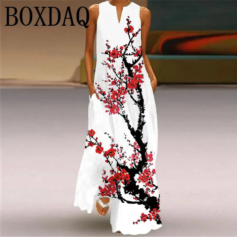 Elegant Women's Maxi Dress Summer Retro Women Face Print Evening Party Long Dress V-neck Sexy Sleeveless Dresses Y2k Vestidos Chic Le'Meek