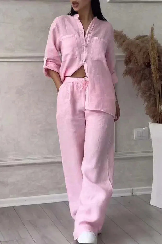 Women Plus Size Two Pieces Set Drawstring Straight Elastic Waist and Long Sleeve Button Shirt Top Matching Set Linen Cotton Set Chic Le'Meek