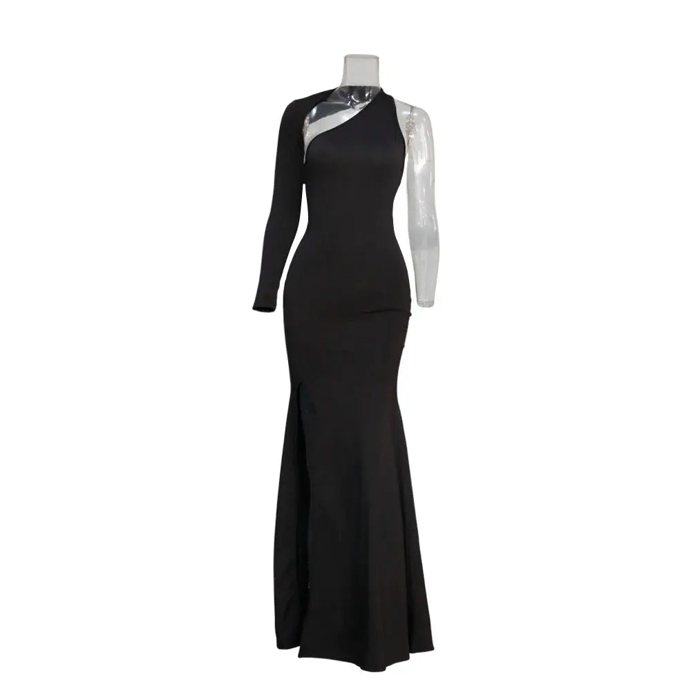 Spring Fall Longuette Long-sleeved Elastic Force Single Sleeve Slim Long Women's Dress Chic Le'Meek