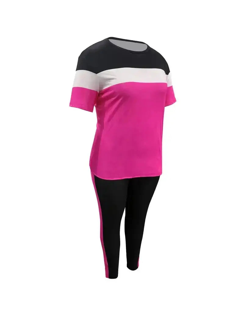 Plus-Size Women's Fashion Casual Short-Sleeve Long Pants Set with Striped Color Temu