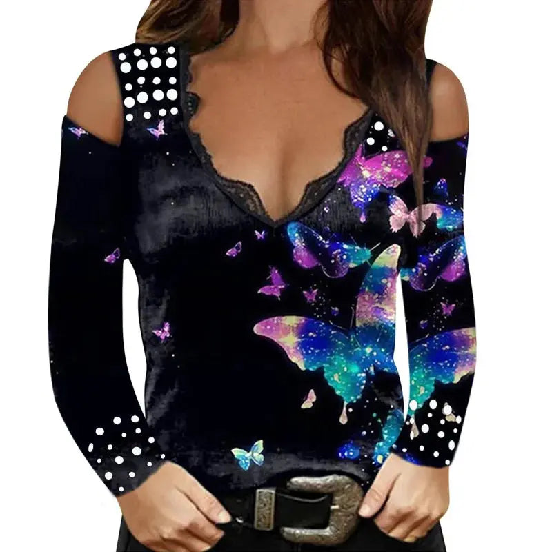 Summer T Shirt Women 2022 Period New Hot Style long-sleeved v-neck Sexy Printing Lace off-the-shoulder Female Tee Tshirts ZC241 Temu