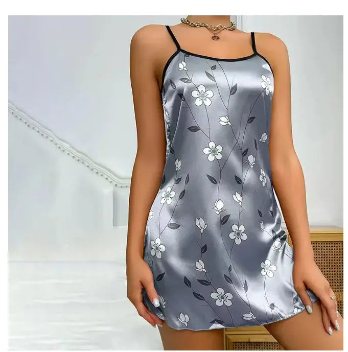 Women's Sleepwear Summer Floral Print Satin Nightgown Casual Sleeveless Backless Slip Night Dress Sexy Nightdress Home Clothes Chic Le'Meek