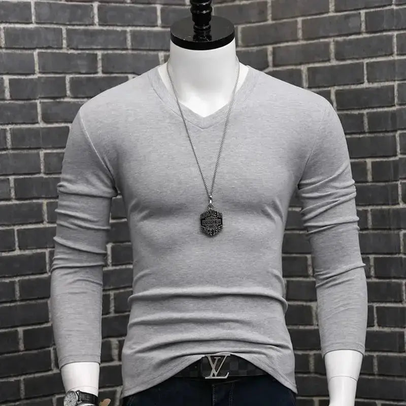 Men Casual Long Sleeve Pull on V neck Bottoming Shirt Tees Chic Le'Meek