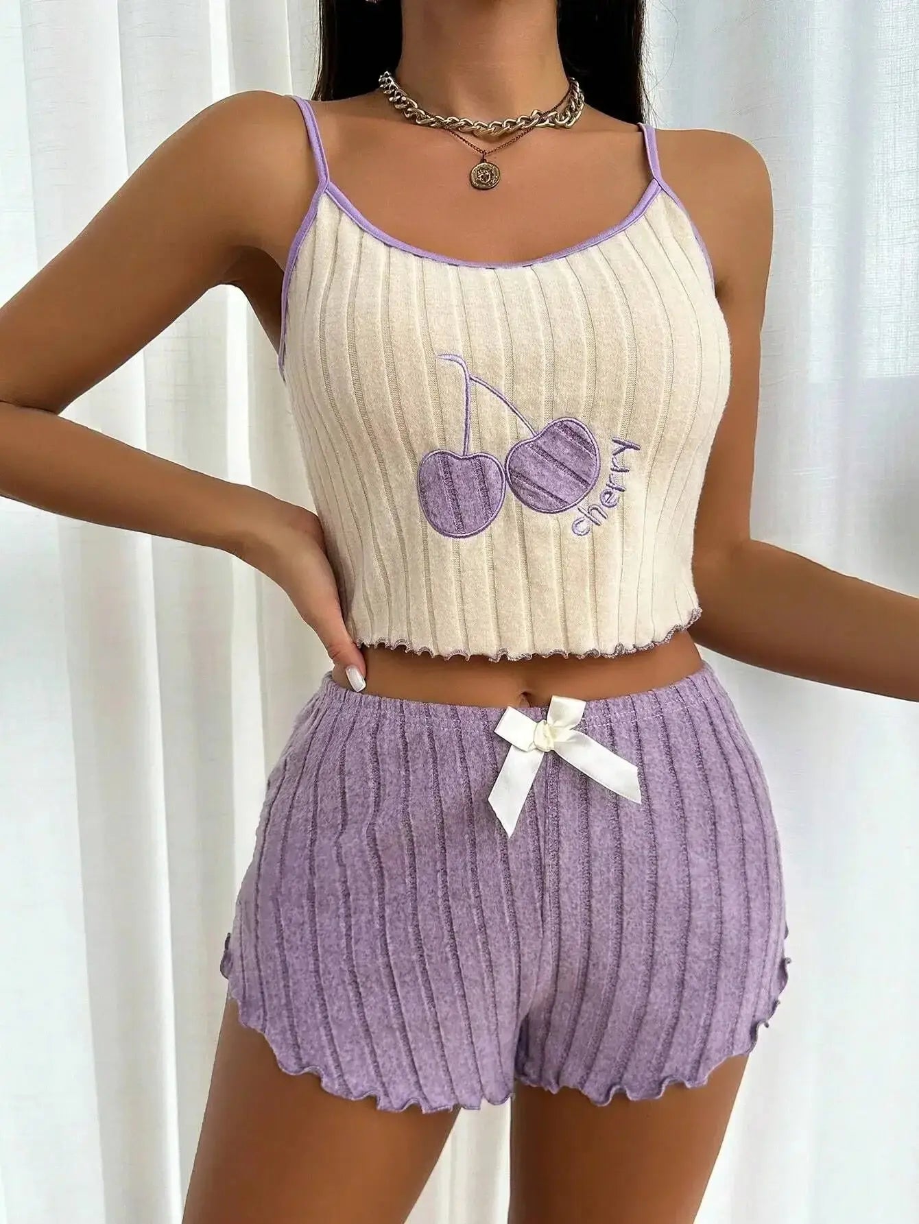 Summer 2pcs Pajamas Set for Women Casual Simple Ground Wool Halter Vest Shorts Set Home Wear Sleepwear Loungerwear Chic Le'Meek