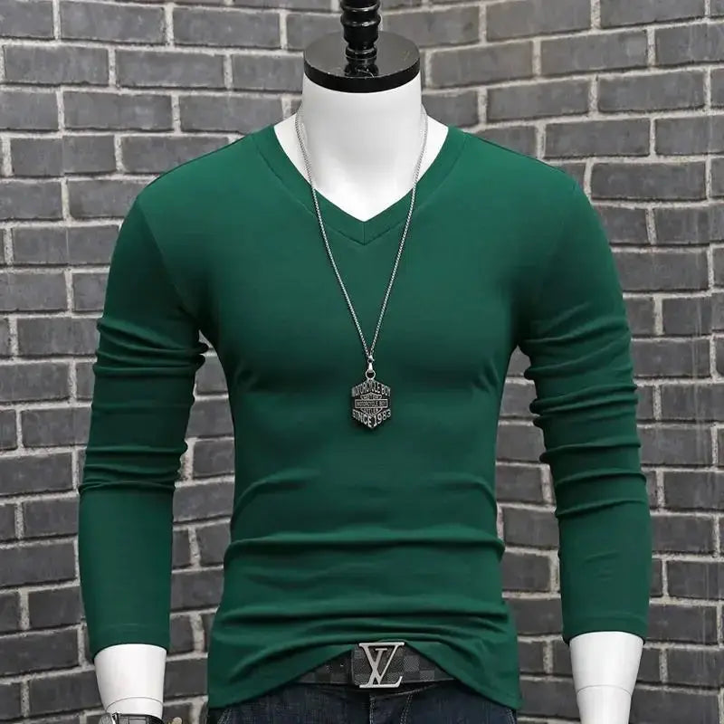Men Casual Long Sleeve Pull on V neck Bottoming Shirt Tees Chic Le'Meek