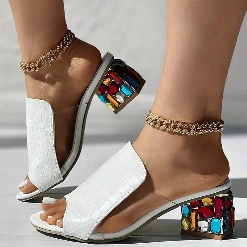 Women Crystal Sandals 2024 New Spring Summer Open Toe Sandals Square Heels Beach Fashion Sandals Women Sandalias De Mujer Chic Le'Meek