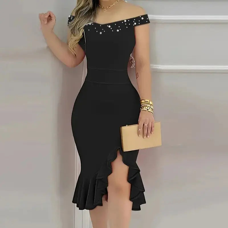 Womens Dresses New Summer Fashion Beaded Off Shoulder Ruffles Slit Hem Chic Le'Meek