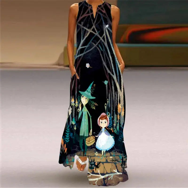 Mask printing Dress Sexy Sleeveless Dress V-Neck Casual Clothing Women Chic Le'Meek