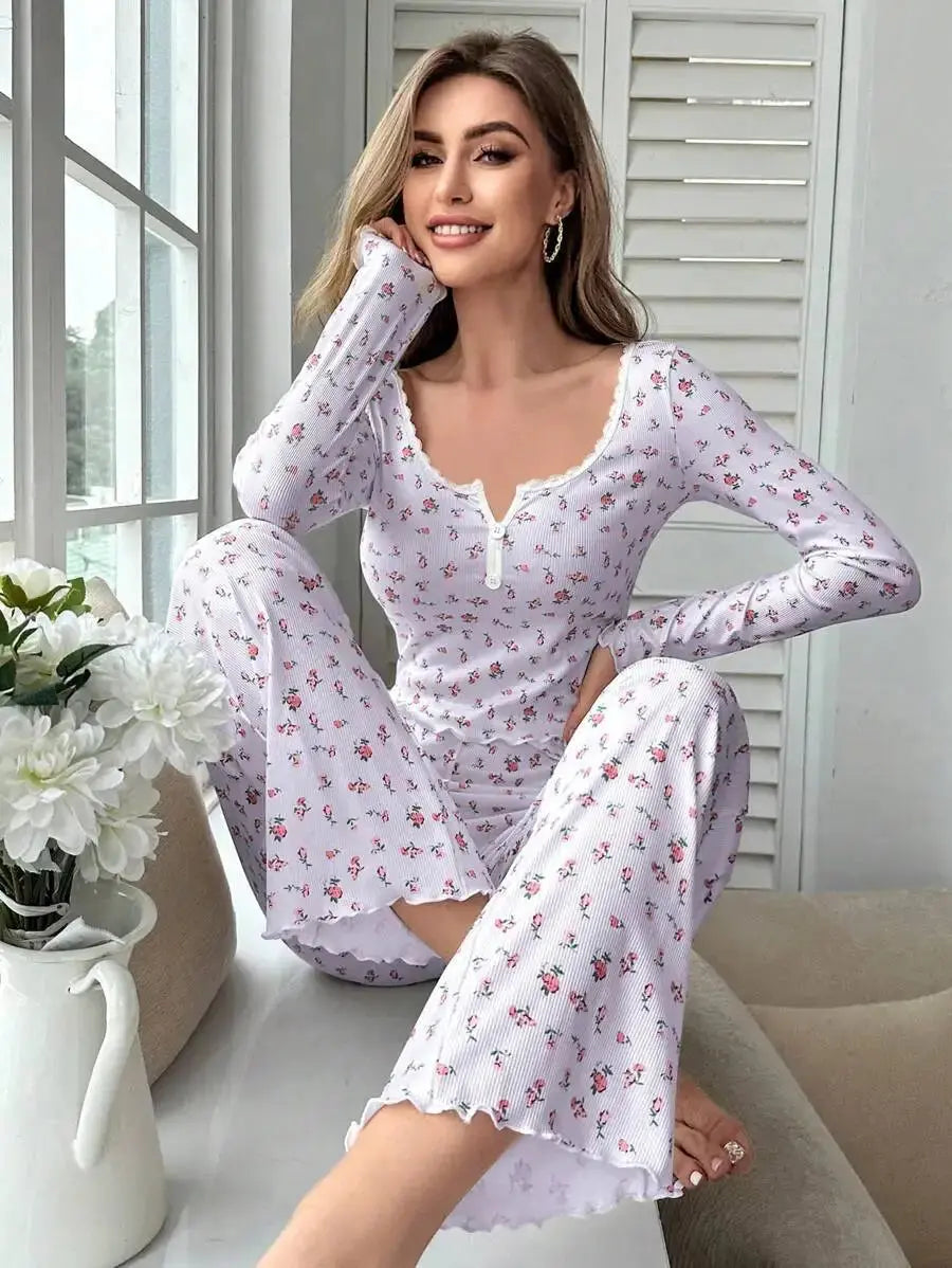 Sleepwear Women Floral Print Lettuce Trim Top with Long Pant Lovely Loungewear Chic Le'Meek