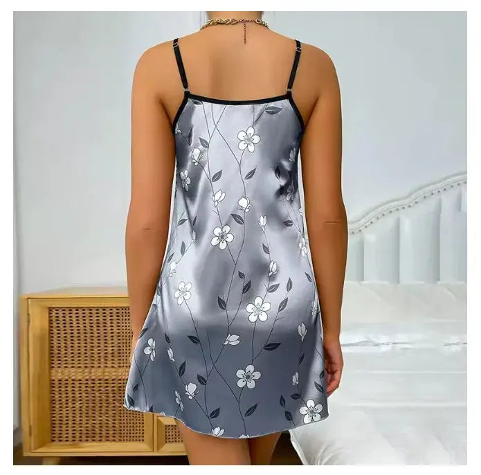Women's Sleepwear Summer Floral Print Satin Nightgown Casual Sleeveless Backless Slip Night Dress Sexy Nightdress Home Clothes Chic Le'Meek