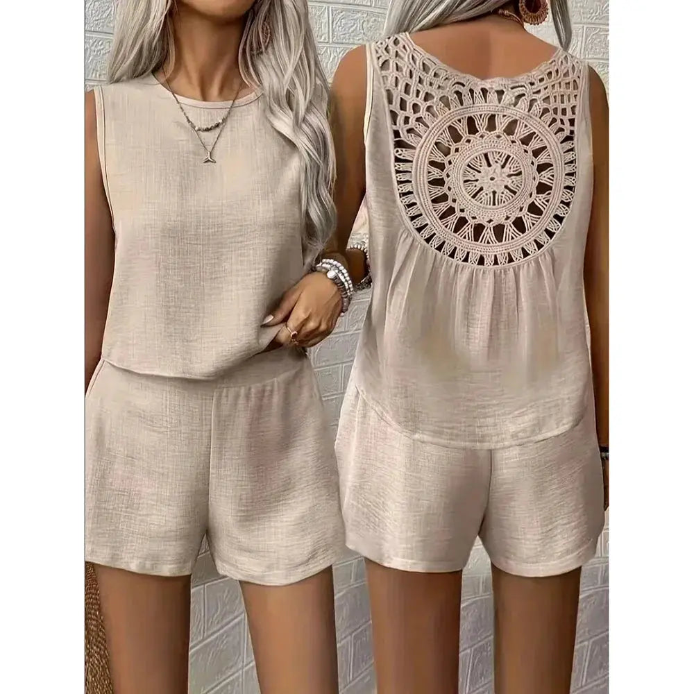 Women’s Plus Size Linen Sets Hollow Out Back Round Neck Sleeveless Vest And Shorts 2-Piece Set Summer Female Daily Vacation Sets Chic Le'Meek