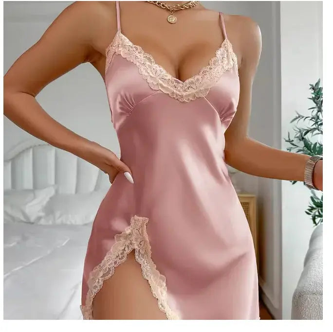 Sexy Backless Mini Female Nightgown Lingerie Summer Chemise Sleepwear Suspender Nightdress White Satin Lace Home Wear Loungewear Chic Le'Meek