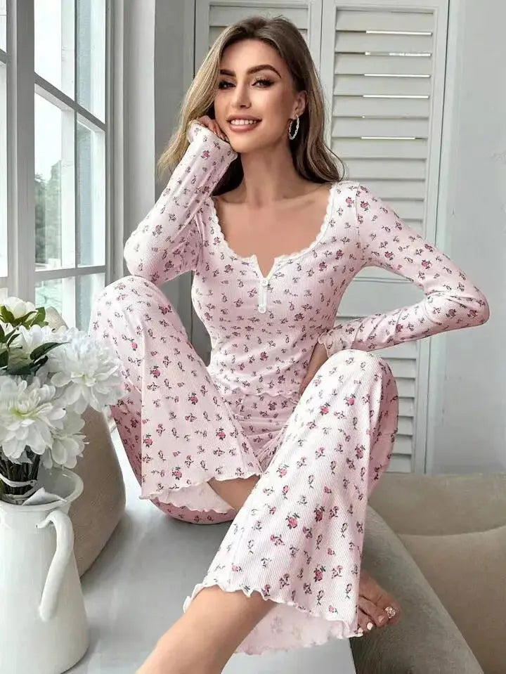Sleepwear Women Floral Print Lettuce Trim Top with Long Pant Lovely Loungewear Chic Le'Meek