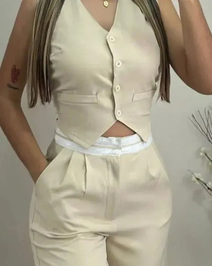 New Fashion 2024 Summer Casual Sexy Elegant V-Neck Buttoned Vest Top & Pocket Design Pants Set Womens Two Piece Sets Outfit Chic Le'Meek