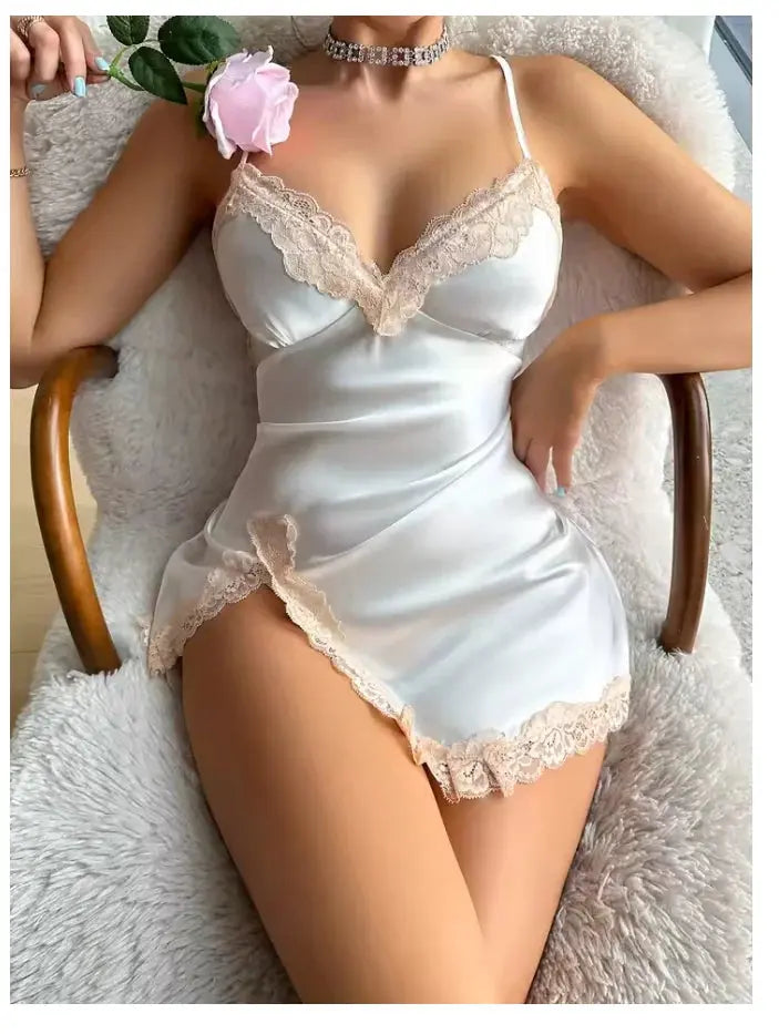 Lace Trim Leopard Nightdress V Neck Backless Side Split Slip Sleep Dress Women's Sleepwear Dresses Chic Le'Meek