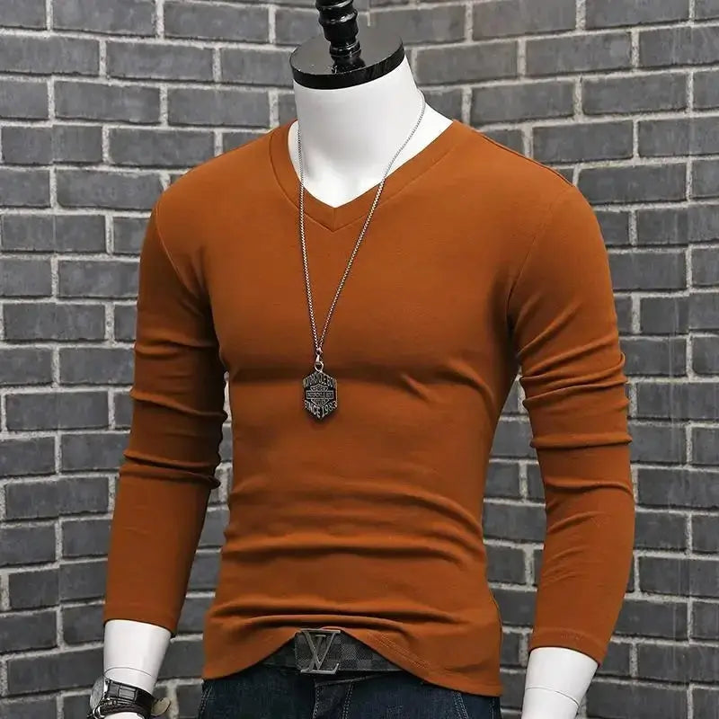 Men Casual Long Sleeve Pull on V neck Bottoming Shirt Tees Chic Le'Meek