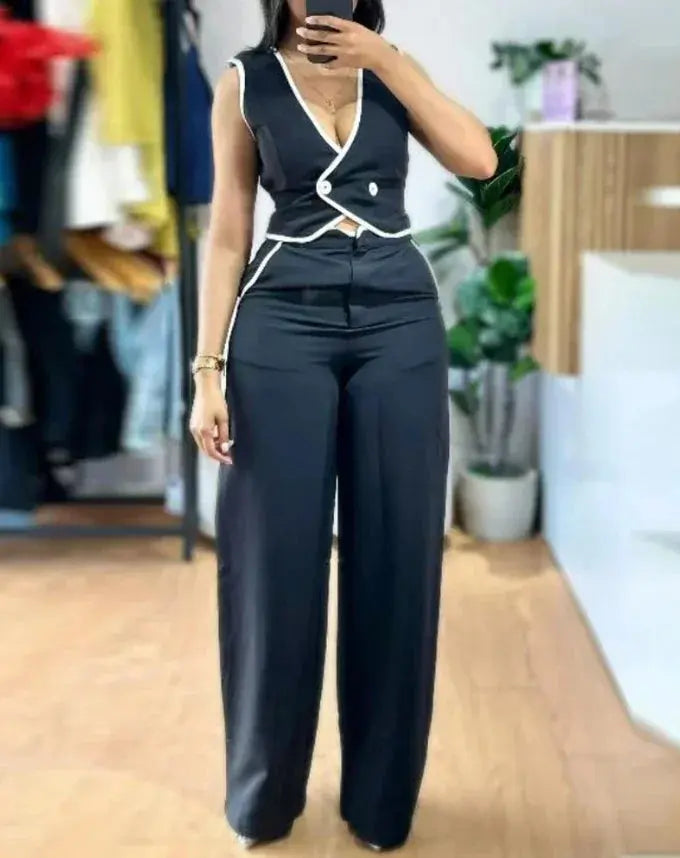 New Fashion 2024 Summer Casual Sexy Elegant V-Neck Buttoned Vest Top & Pocket Design Pants Set Womens Two Piece Sets Outfit Chic Le'Meek