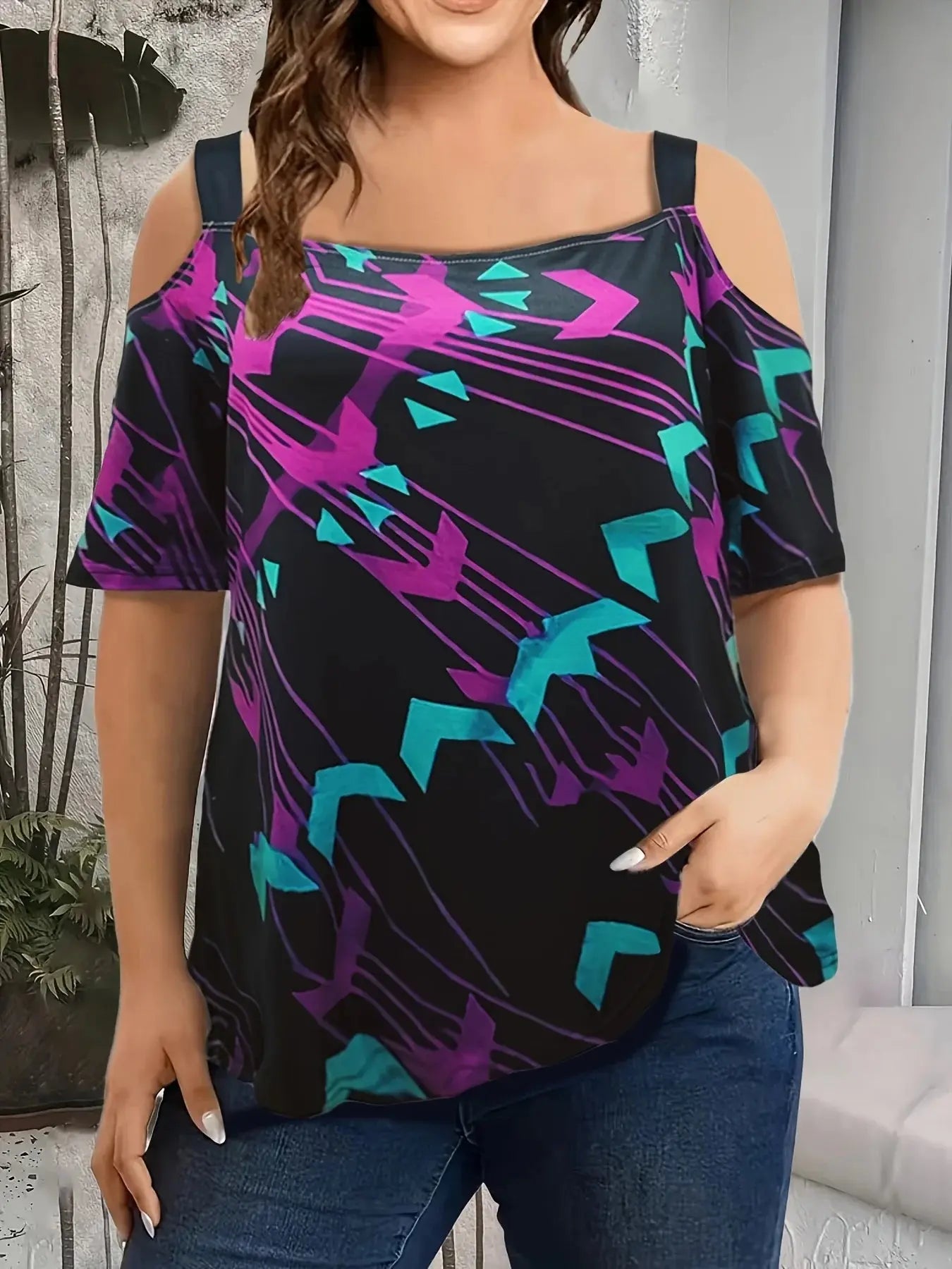 New plus size fashion off-the-shoulder multi-color print Temu