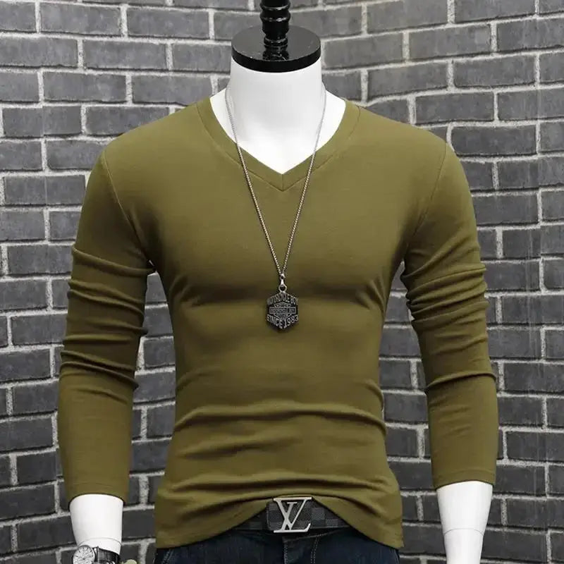 Men Casual Long Sleeve Pull on V neck Bottoming Shirt Tees Chic Le'Meek