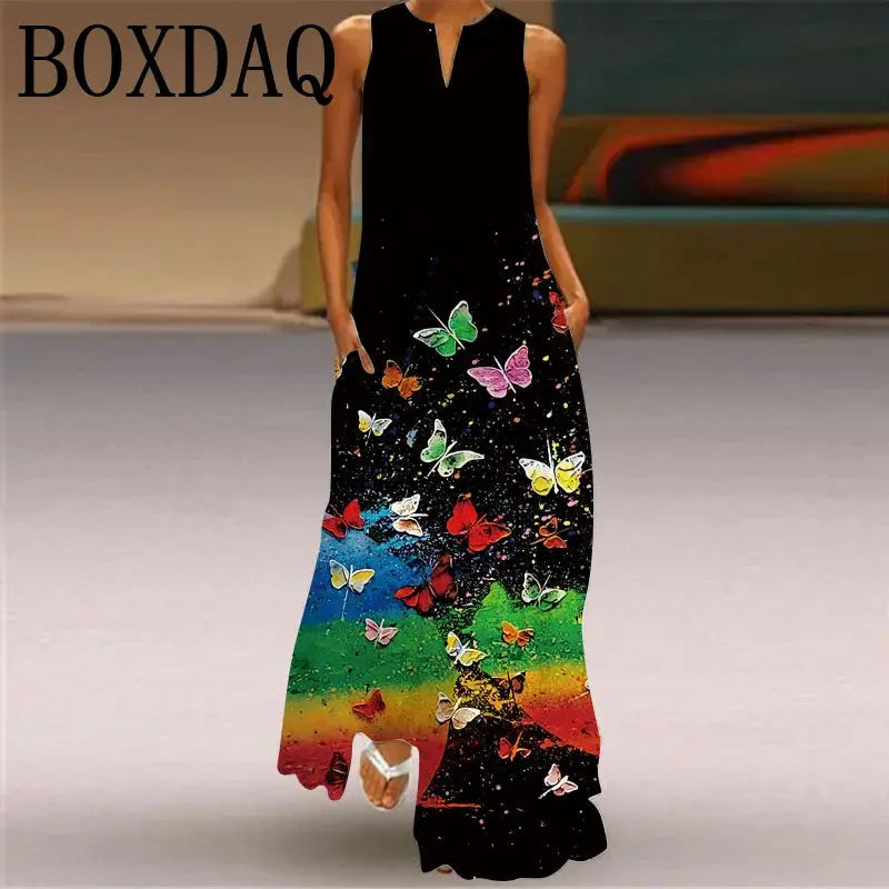 Elegant Women's Maxi Dress Summer Retro Women Face Print Evening Party Long Dress V-neck Sexy Sleeveless Dresses Y2k Vestidos Chic Le'Meek