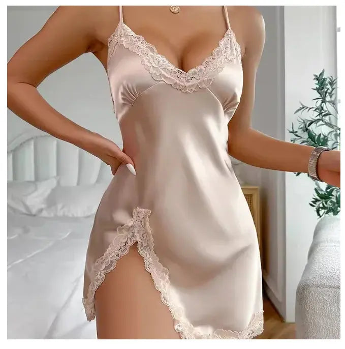 Sexy Backless Mini Female Nightgown Lingerie Summer Chemise Sleepwear Suspender Nightdress White Satin Lace Home Wear Loungewear Chic Le'Meek