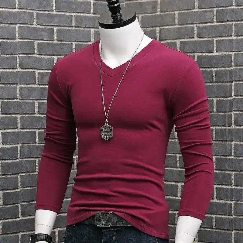 Men Casual Long Sleeve Pull on V neck Bottoming Shirt Tees Chic Le'Meek