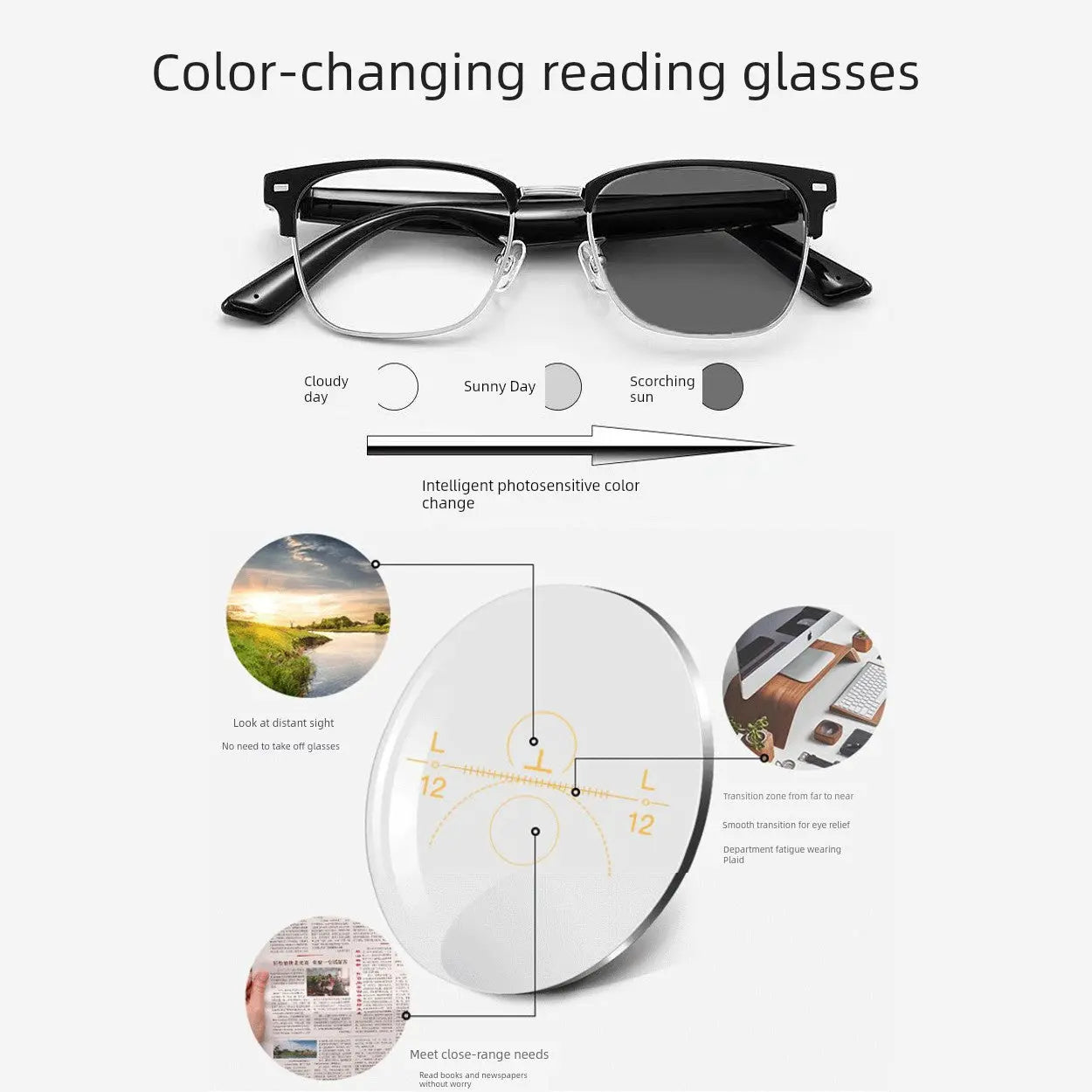 Smart Bluetooth Dual-Purpose Color Changing Presbyopic Glasses Automatic Zoom HD Anti-Blue Ray Presbyopic Glasses Call Music Chic Le'Meek