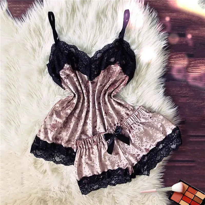 Sexy Lingerie Women Sleep Wear Camisole Bow Shorts V-Neck Tops Velvet Pajamas Sleepwear пижама женская Hot Chic Le'Meek